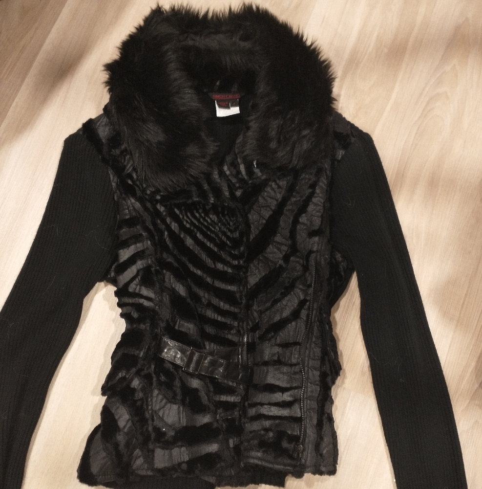 Simon Chang Black Faux Fur Trim Utility Jacket